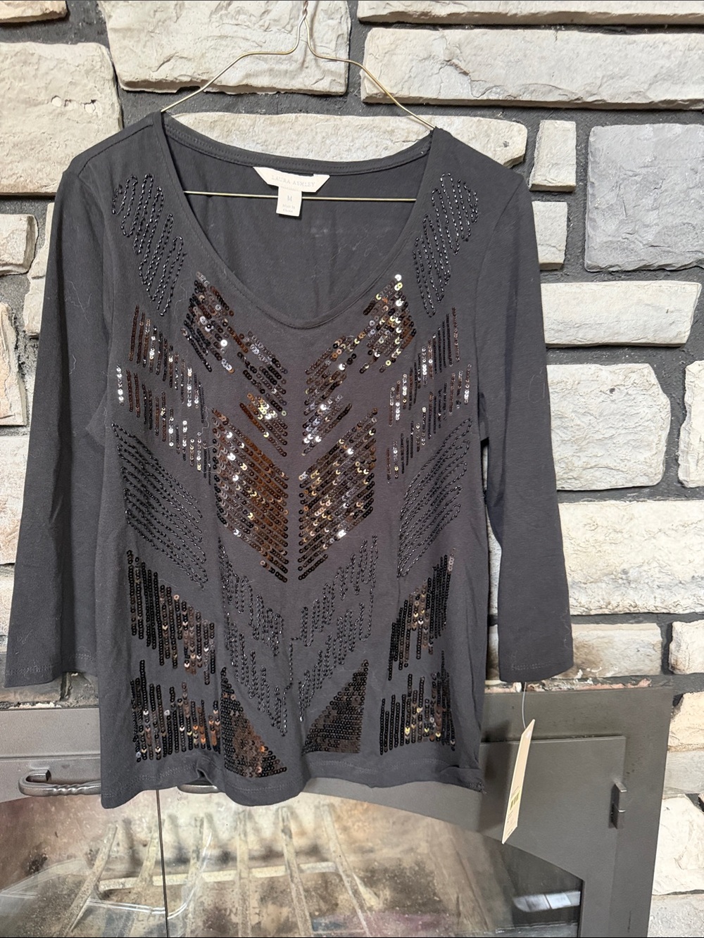 Laura Ashley Black Sequin Chevron V-Neck Long Sleeve Top